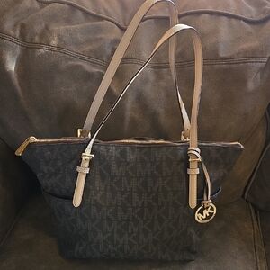 Michael Kors Black & Brown Signature Tote With Feet And Adjustable Strap Handles